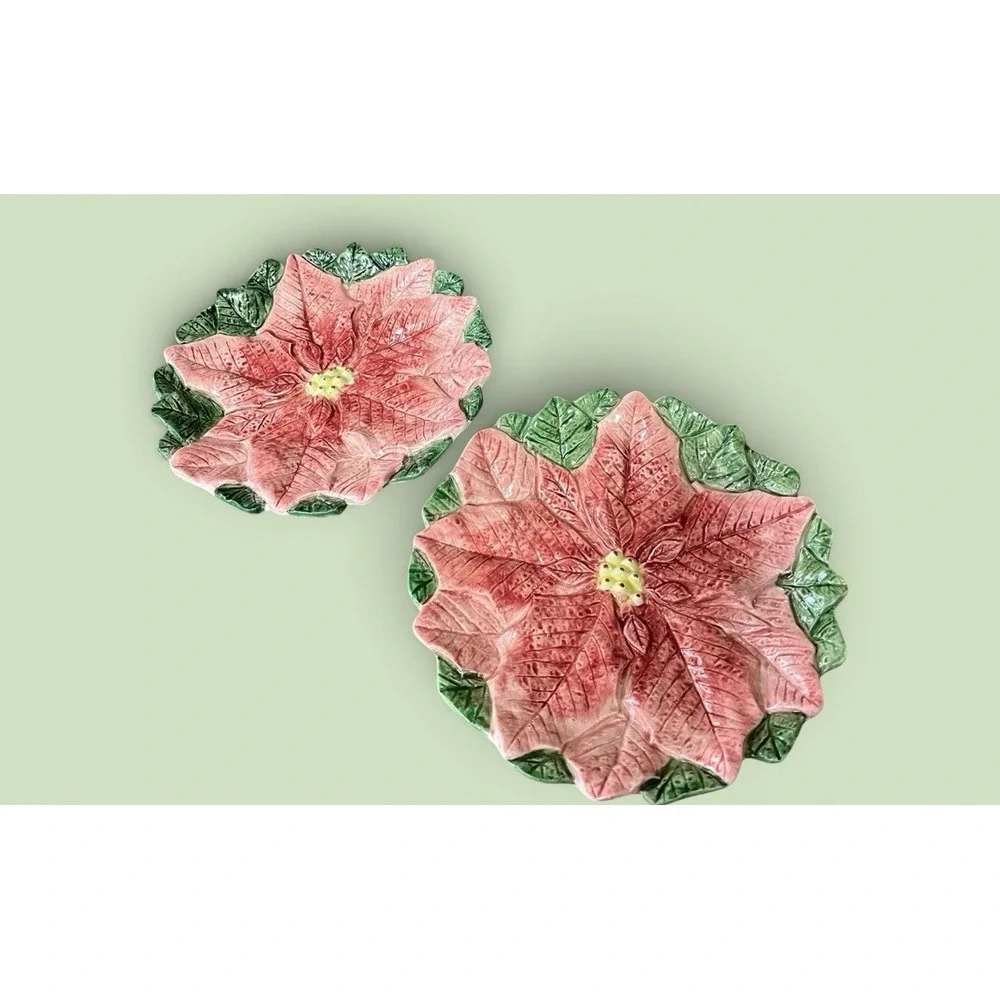 2 Fitz & Floyd Omnibus Poinsettia Christmas Dessert Snack Canape Plates Vintage